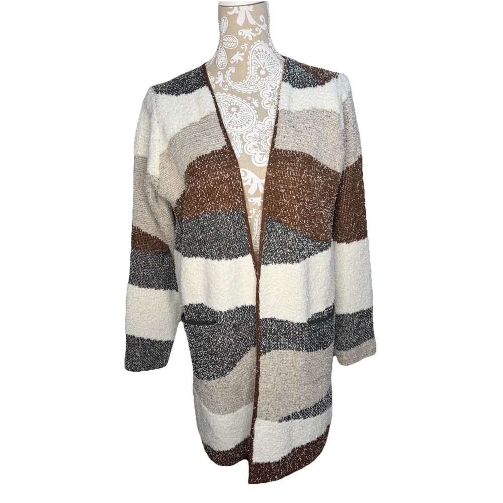Women's L Large Fortune + Ivy Open Cardigan‎ Size Large Brown Cream Boho Warm
